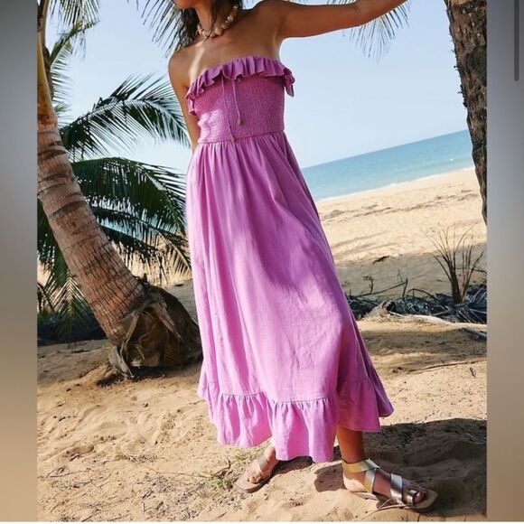 Nwt Free People Lush Life Linen Strapless Midi Dress Purple Opera Mauve - Picture 2 of 8